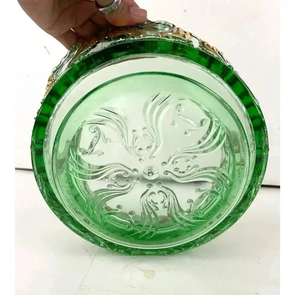 VTG Idyll Pattern Jefferson Pressed Glass Bowl Green Gold Accent - Picture 4 of 10